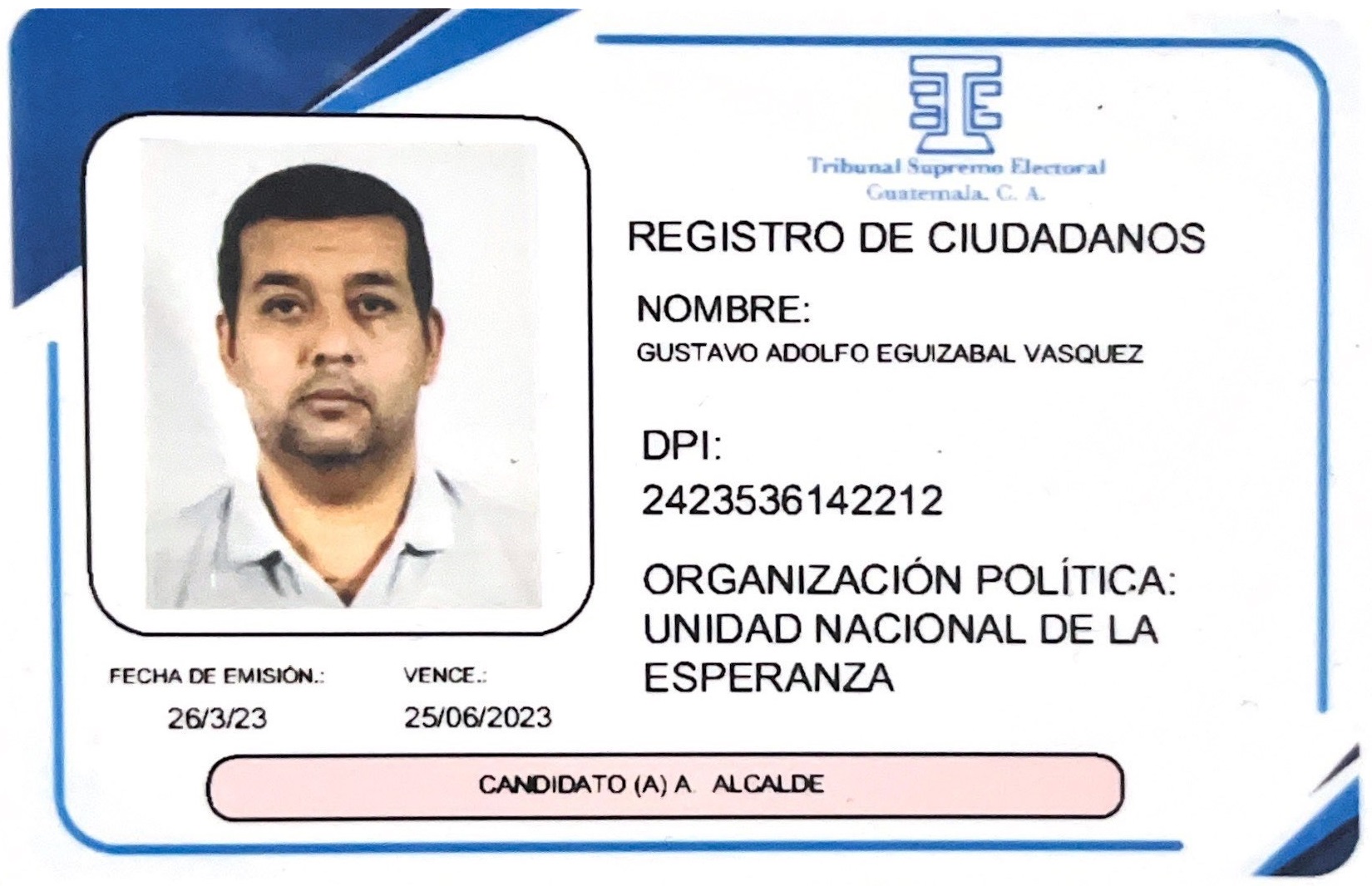 Credencial Gustavo Eguizabal Candidato Alcalde Jalpatagua, Jutiapa.